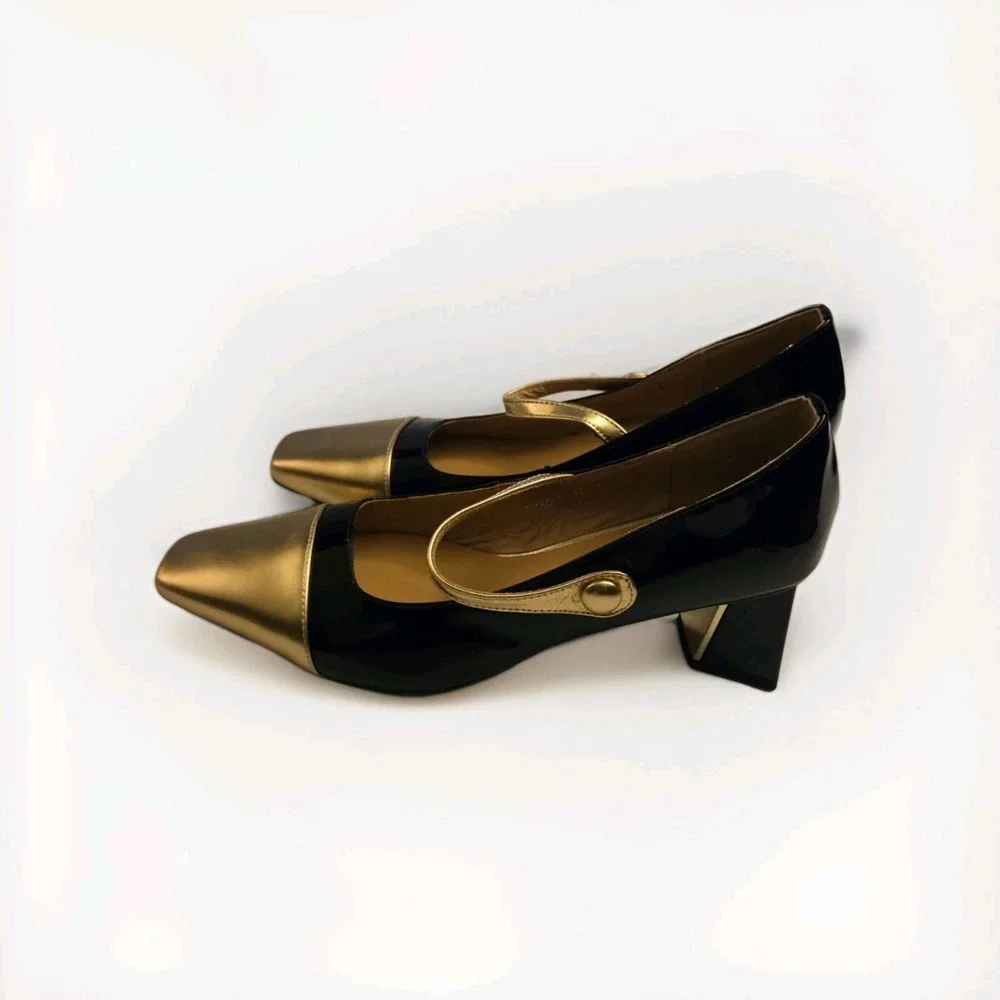 Handmade Vintage Mary Jane Heels Black Gold Cap Toe Patent Leather Size 9 /... - Picture 12 of 12